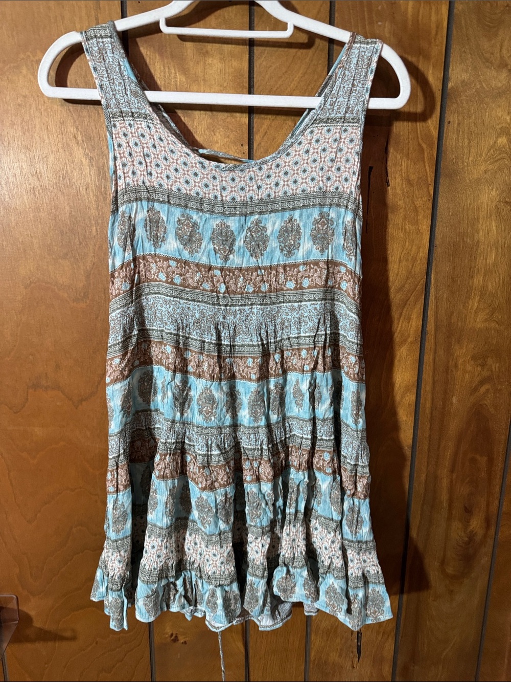 En Creme Sleeveless Mini Dress in Light Blue and Brown Floral Print
